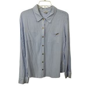 3231) Guess Blue White Stripe long Sleeve Button Down Gold Button Rayon Shirt L